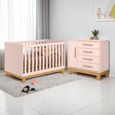 Conjunto Infantil Encanto Slim Berço Mini Cama e Cômoda 1 Porta 4 Gavetas MDP Rosa Qmovi