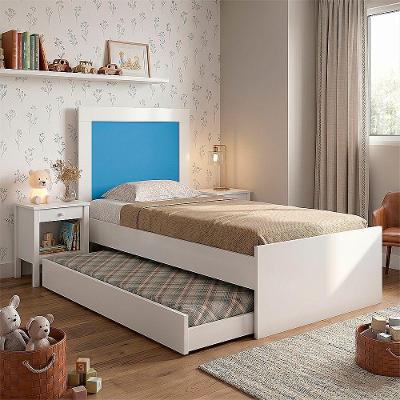 Cama Bibox Solteiro Luara com Auxiliar e Colchões D20 em MDF MDP Branco Azul