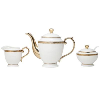 Conjunto Bule Açucareiro e Leiteira Paddy em Porcelana para Servir Branco e Dourado Wolff