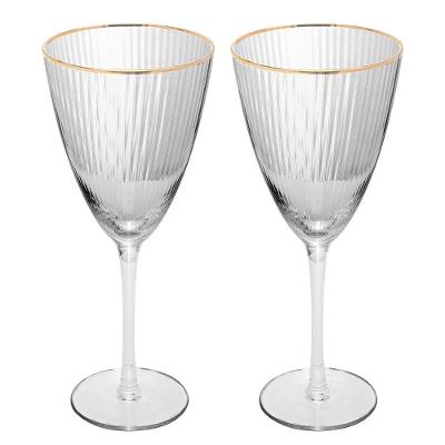 Conjunto 2 Taças de Vinho 400ml Lines Ouro em Vidro Canelado Transparente Wolff