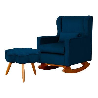 Poltrona de Amamentação Liz com Puff Veludo Azul Confortável Loja Sheep