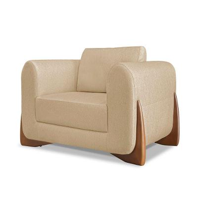 Poltrona Decorativa Nuvina em Linho Dourado Confortável com Pés Palito Loja Sheep