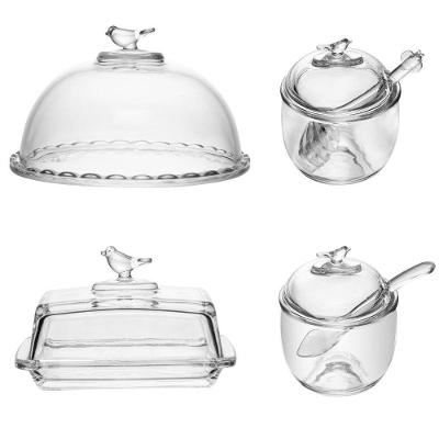 Kit Queijeira Manteigueira Meleira e Açucareiro Birds de Cristal 1L para Mesa Transparente Wolff