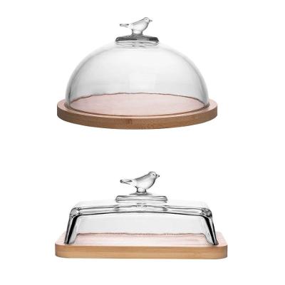 Kit Queijeira e Manteigueira Bambu Bird em Cristal com Base em Bambu para Mesa Transparente Wolff