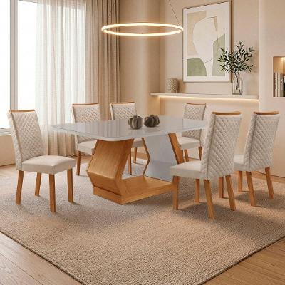 Conjunto de Jantar Alvorada Lira 6 Lugares Tampo Mdf com Vidro Creme Nat Off 180cm Moderna