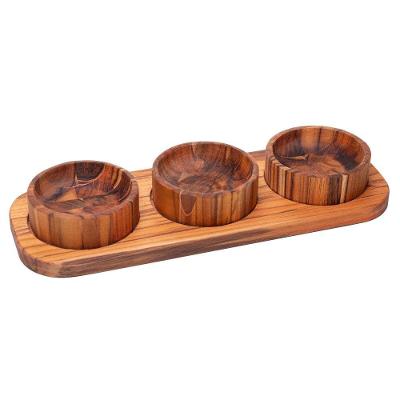 Petisqueira em Madeira Teca Marrom com 3 Bowls para Servir Petiscos e Molhos Wolff