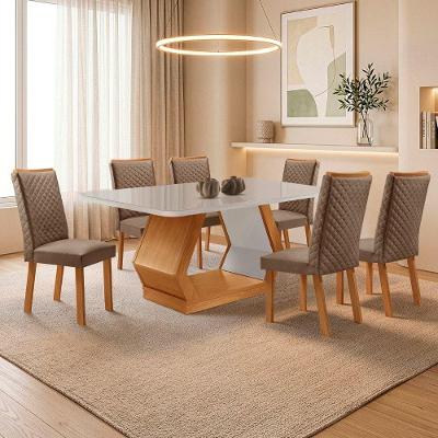 Conjunto de Jantar Alvorada Lira 6 Lugares Tampo em MDF com Vidro Marrom Mesa 180cm Moderna