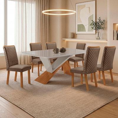 Conjunto de Jantar Yasmin Lira 6 Lugares Tampo em MDF com Vidro Serigrafado Veludo Capuccino Moderna
