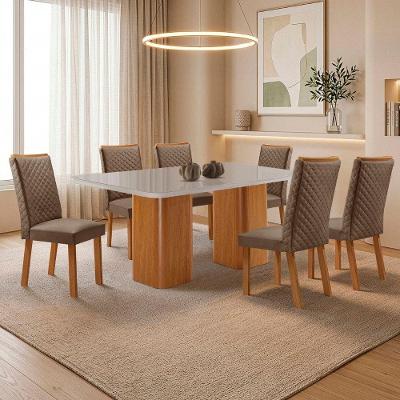 Mesa de Jantar Eloise com 6 Cadeiras Lira Tampo em MDF Vidro Serigrafado 180cm Capuccino Nat Off