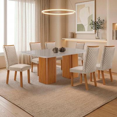 Mesa de Jantar Eloise com 6 Cadeiras Lira Tampo Mdf Vidro Serigrafado Veludo Creme Nat Off Moderna