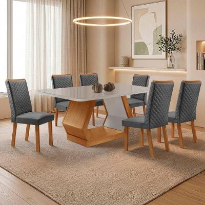 Mesa de Jantar Alvorada com 6 Cadeiras Lira Tampo Mdf Vidro Grafite Nat Off 180cm Moderna