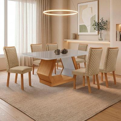 Conjunto de Jantar Alvorada Lira 6 Lugares Tampo MDF com Vidro Off White 180cm Moderna