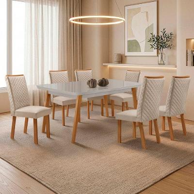 Mesa de Jantar Copper Lira 6 Lugares Tampo em MDF com Vidro Serigrafado Creme Moderna