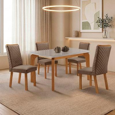 Conjunto de Jantar Liz Lira 4 Lugares Tampo MDF com Vidro 120cm Veludo Capuccino Nat Off Serig Off