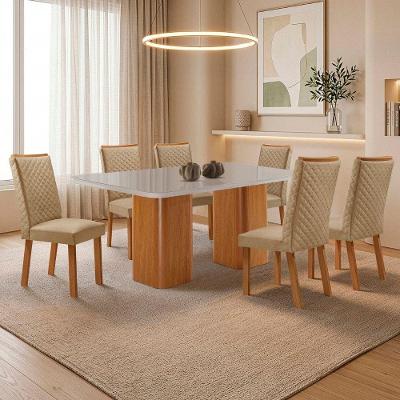Mesa de Jantar Eloise com 6 Cadeiras Lira Tampo em MDF e Vidro Serigrafado Off White 180cm Moderna