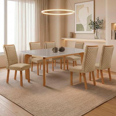 Mesa de Jantar Liz com 6 Cadeiras Lira Tampo Mdf com Vidro Canto Copo Moderna