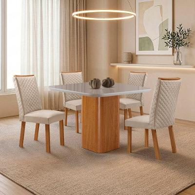 Conjunto de Jantar Eloise Lira 4 Lugares Tampo em MDF com Vidro Serigrafado Creme Moderna