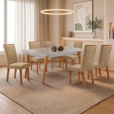 Mesa de Jantar Copper com 6 Cadeiras Lira Tampo em MDF com Vidro Serigrafado Off White Moderna