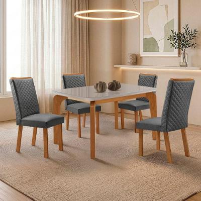 Mesa de Jantar Liz 4 Lugares Tampo Mdf com Vidro e Cadeiras Lira Linho Grafite Nat Off Moderna