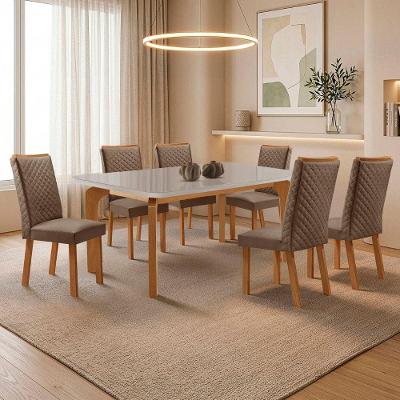 Mesa de Jantar Liz com 6 Cadeiras Lira 6 Lugares Tampo em MDF com Vidro Veludo Capuccino Nat Off