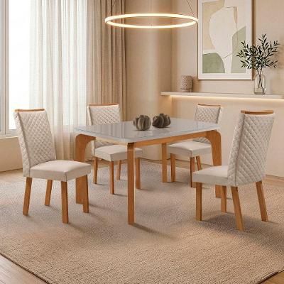 Mesa de Jantar Liz 4 Lugares Tampo Mdf com Vidro e Cadeiras Veludo Creme 120cm Moderna