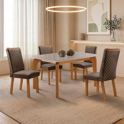 Mesa de Jantar Liz Lira 4 Lugares Tampo Mdf com Vidro e Cadeiras Veludo Marrom 120cm Moderna