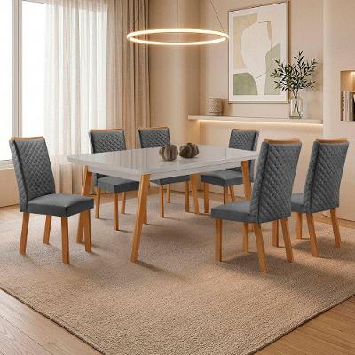 Mesa de Jantar Copper com 6 Cadeiras Lira Tampo em MDF com Vidro Serigrafado Cinza Moderna