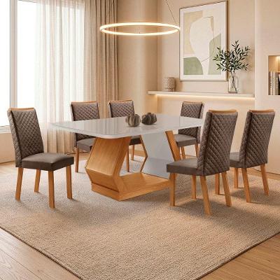 Conjunto de Jantar Alvorada Lira 6 Lugares Tampo Mdf com Vidro Veludo Marrom Nat Off 180cm Moderna