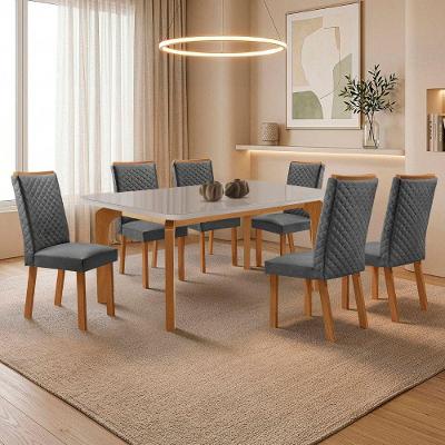 Mesa de Jantar Liz com 6 Cadeiras Lira Tampo em MDF com Vidro Grafite Linho 180cm Moderna