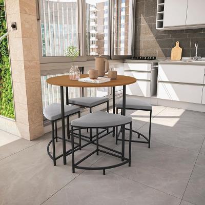 Mesa Redonda LI038 4 Lugares Tampo MDP com Bancos Estofados Suede Marrom Canela Preto Fosco