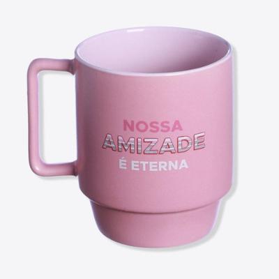 Caneca Tina Amizade Eterna em Cerâmica 400ml Rosa Zonacriativa