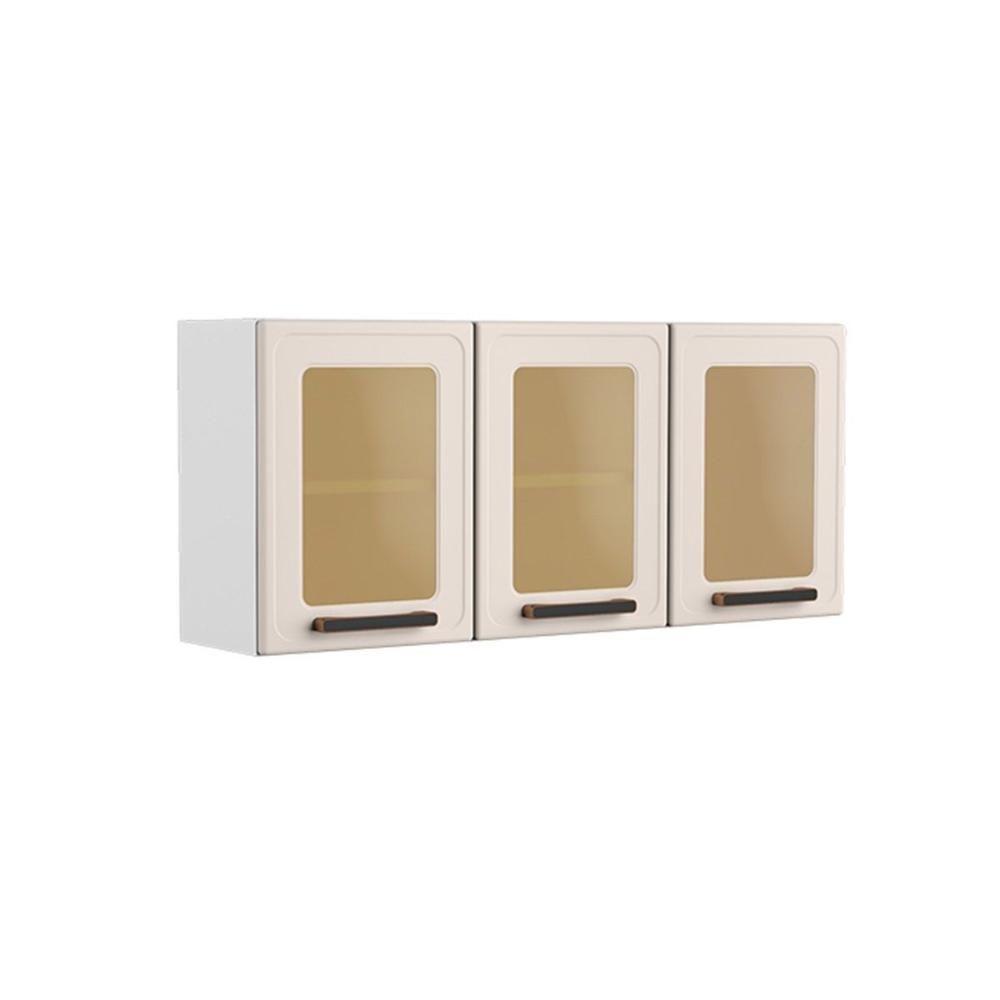 Armário Aéreo Cozinha Modulado  Origens 7009 3 Portas c/ Vidro Branco/Areia - Bertolini - 1