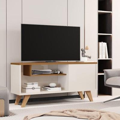 Rack Bancada Heitor 100cm MDP com Porta e Nichos Off White e Cedro Off!