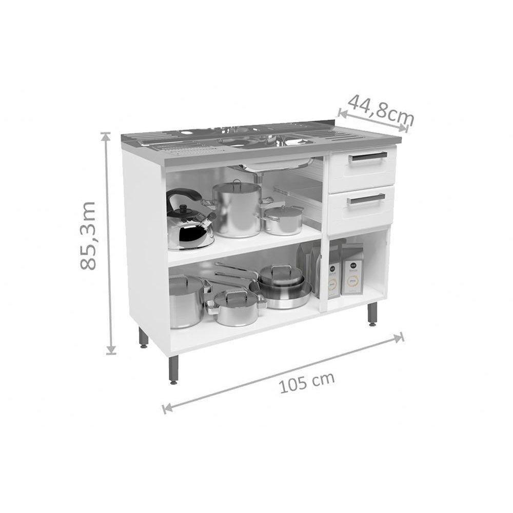 Balcão de Cozinha Gabinete c/Pia Múltipla 6015 3 Portas e 2 Gavetas 105cm Branco - Bertolini - 3