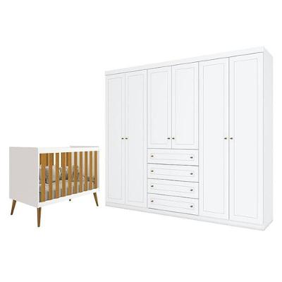 Conjunto Berço Americano Isis MDF Branco Acetinado Savana com Guarda Roupa 6 Portas Móveis Henn
