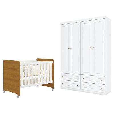 Berço Americano Evolution 4 em 1 Savana com Guarda Roupa Infantil 4 Portas Branco Móveis Henn