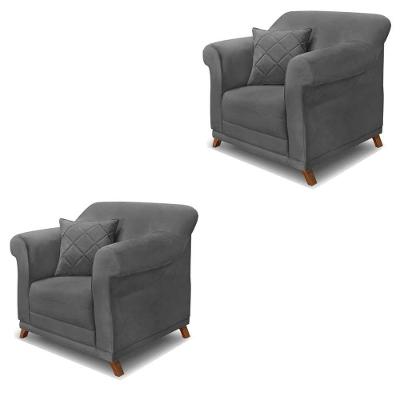 Kit 2 Poltronas Decorativas Armstrong Suede com Almofadas Cinza G63 Gran Belo