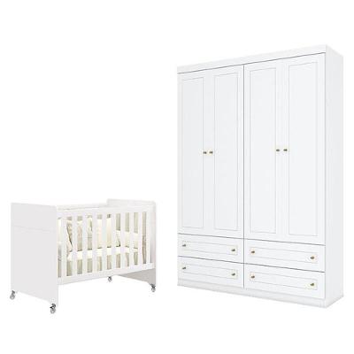 Berço e Guarda Roupa Infantil Americano Evolution 4 em 1 4 Portas 4 Gavetas Branco Móveis Henn
