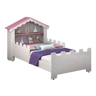Cama Juvenil Infantil Magia Estilo Casinha com Nichos na Cabeceira e Grade Branco Infantile Móveis