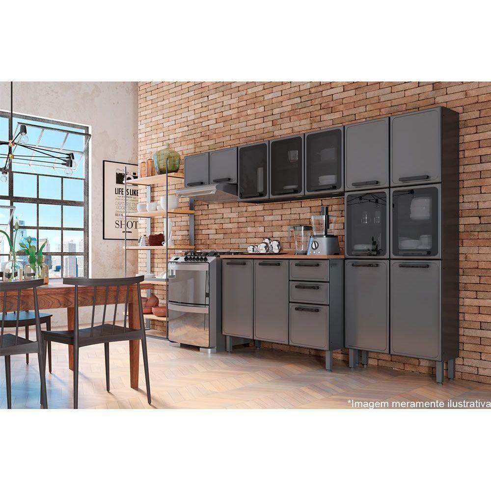 Armário Aéreo Cozinha Modulado  Estilo 7009 3 Portas c/ Vidro Cinza/Grafite - Bertolini - 3