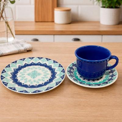 Jogo de Xícaras para Café Lanche Donna Lola Cerâmica Azul e Verde para 6 Pessoas Oxford