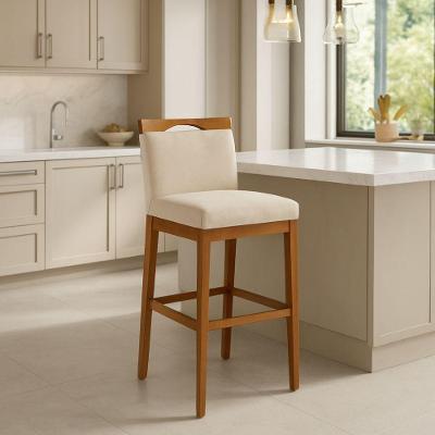 Banqueta Alta Estofada para Cozinha Suede Bege com Encosto Madeira Online Confort