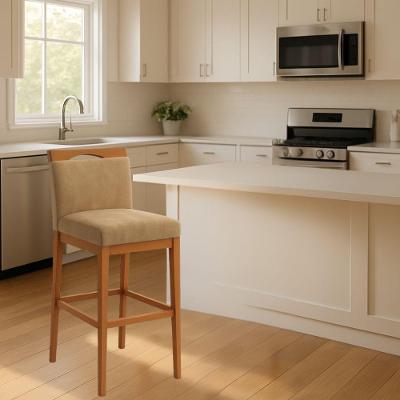 Banqueta Alta Estofada para Cozinha Suede Capuccino com Encosto Madeira Online Confort