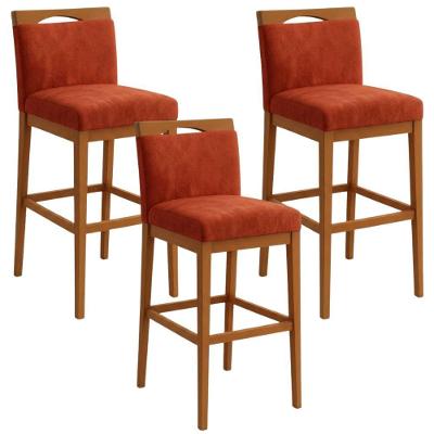 Kit 3 Banquetas Alta Cozinha Gourmet Conforto Suede Terracota Encosto Fixo Madeira