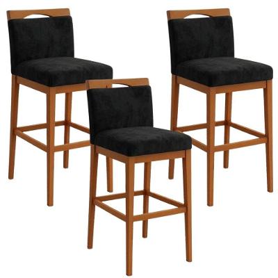 Kit 3 Banquetas Alta Cozinha Gourmet Conforto Suede Encosto Fixo Preto Online Confort