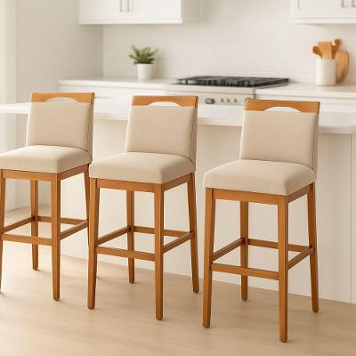 Kit 3 Banquetas Alta Cozinha Gourmet Estofada Linho Encosto Ergonômico Altura 96cm Bege