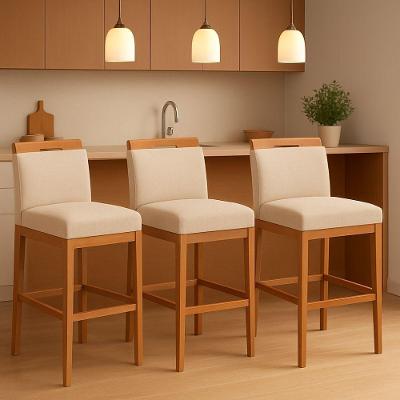 Kit 3 Banquetas Alta Cozinha Gourmet Assento Suede Encosto Madeira Bege Black House Decor