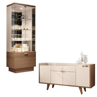 Conjunto Decorativo Cristaleira e Buffet Aura-melodia G26 em MDF-MDP Off White-castanho Gran Belo
