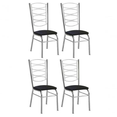 Conjunto 4 Cadeiras Cromadas com Reforço Assento Estofado Preto para Sala de Jantar Gat Magazine