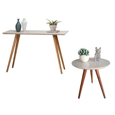 Kit Aparador e Mesa Lateral com Vidro Pés Palito MDF 120cm Off White para Hall e Sala